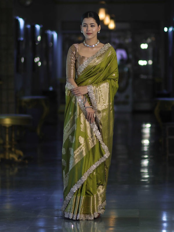 Banarasee Handloom Semi Silk Saree With Zari Buti Design & Lace Border-Lime Green