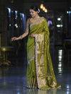 Banarasee Handloom Semi Silk Saree With Zari Buti Design & Lace Border-Lime Green