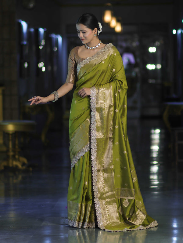 Banarasee Handloom Semi Silk Saree With Zari Buti Design & Lace Border-Lime Green