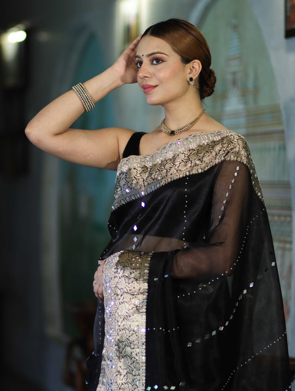 Banarasee Organza Hand Embroidered Mirror Work Saree-Black