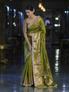 Banarasee Handloom Semi Silk Saree With Zari Buti Design & Lace Border-Lime Green