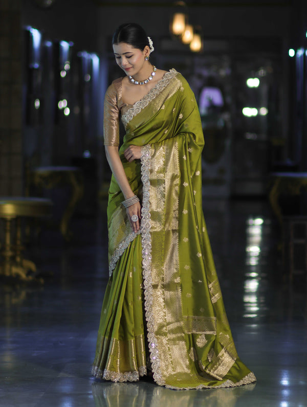 Banarasee Handloom Semi Silk Saree With Zari Buti Design & Lace Border-Lime Green