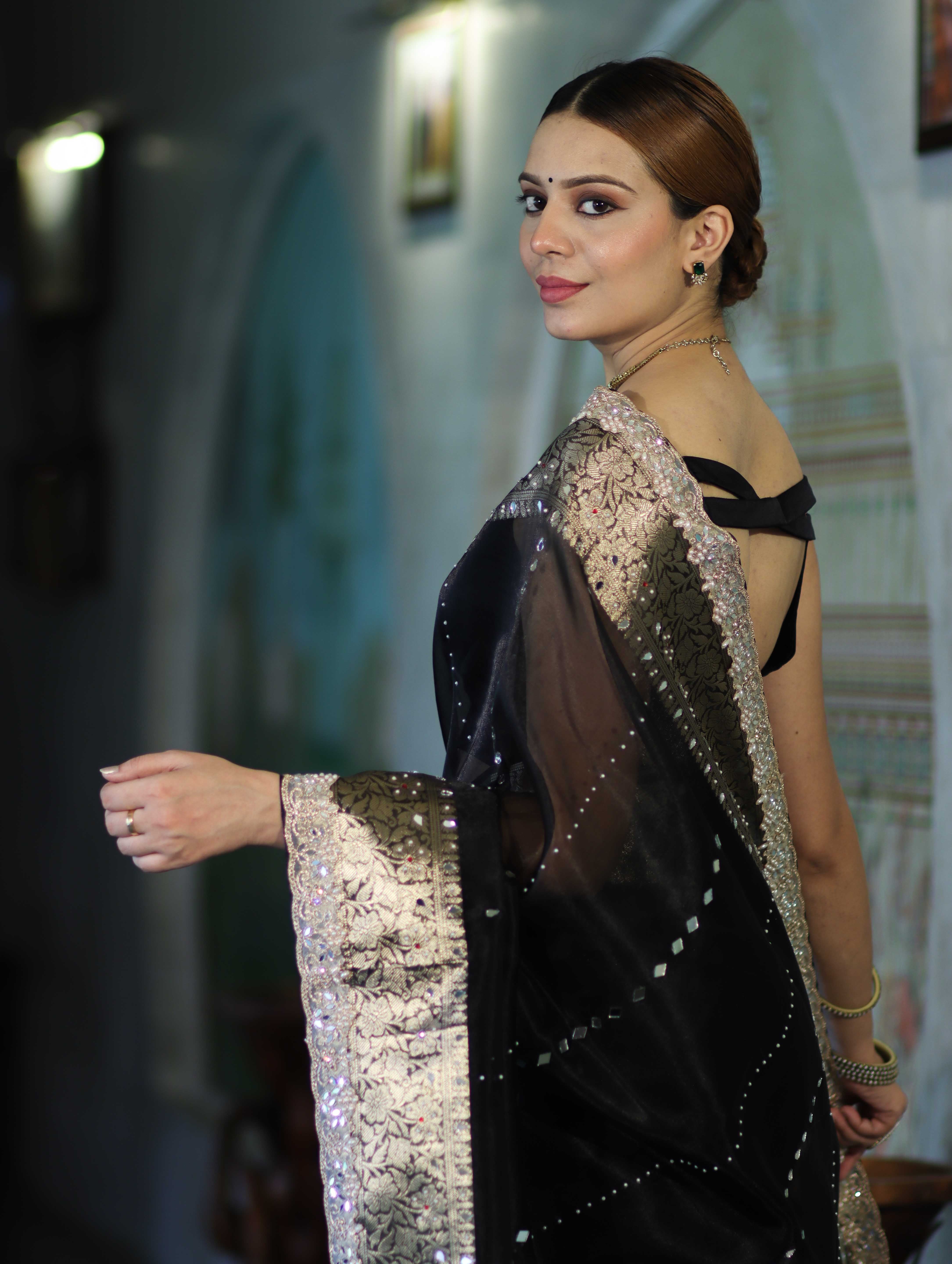 Banarasee Organza Hand Embroidered Mirror Work Saree-Black