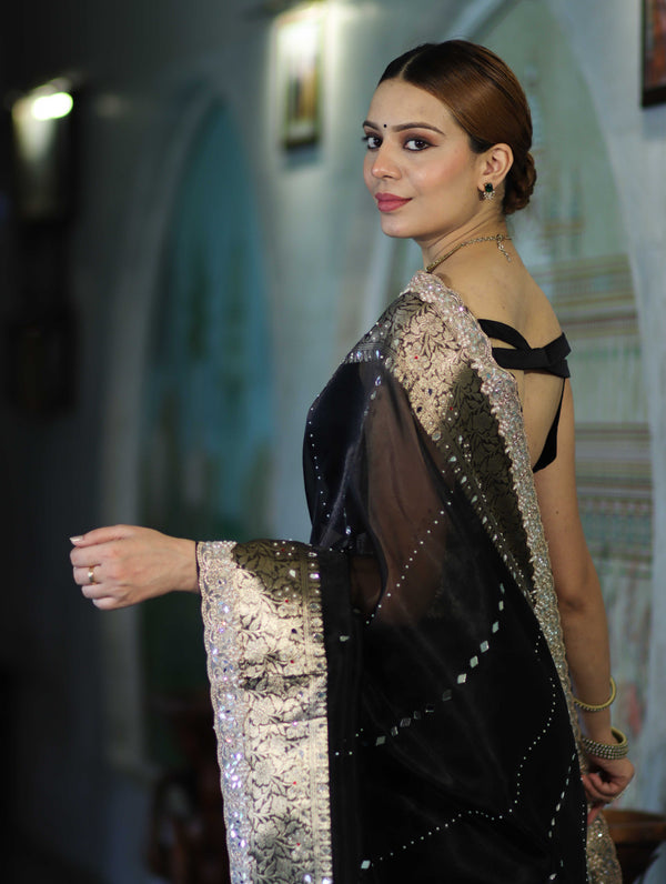 Banarasee Organza Hand Embroidered Mirror Work Saree-Black