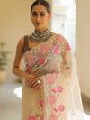 Banarasee Pure Organza Silk Saree With Floral Resham Embroidery-Off-white