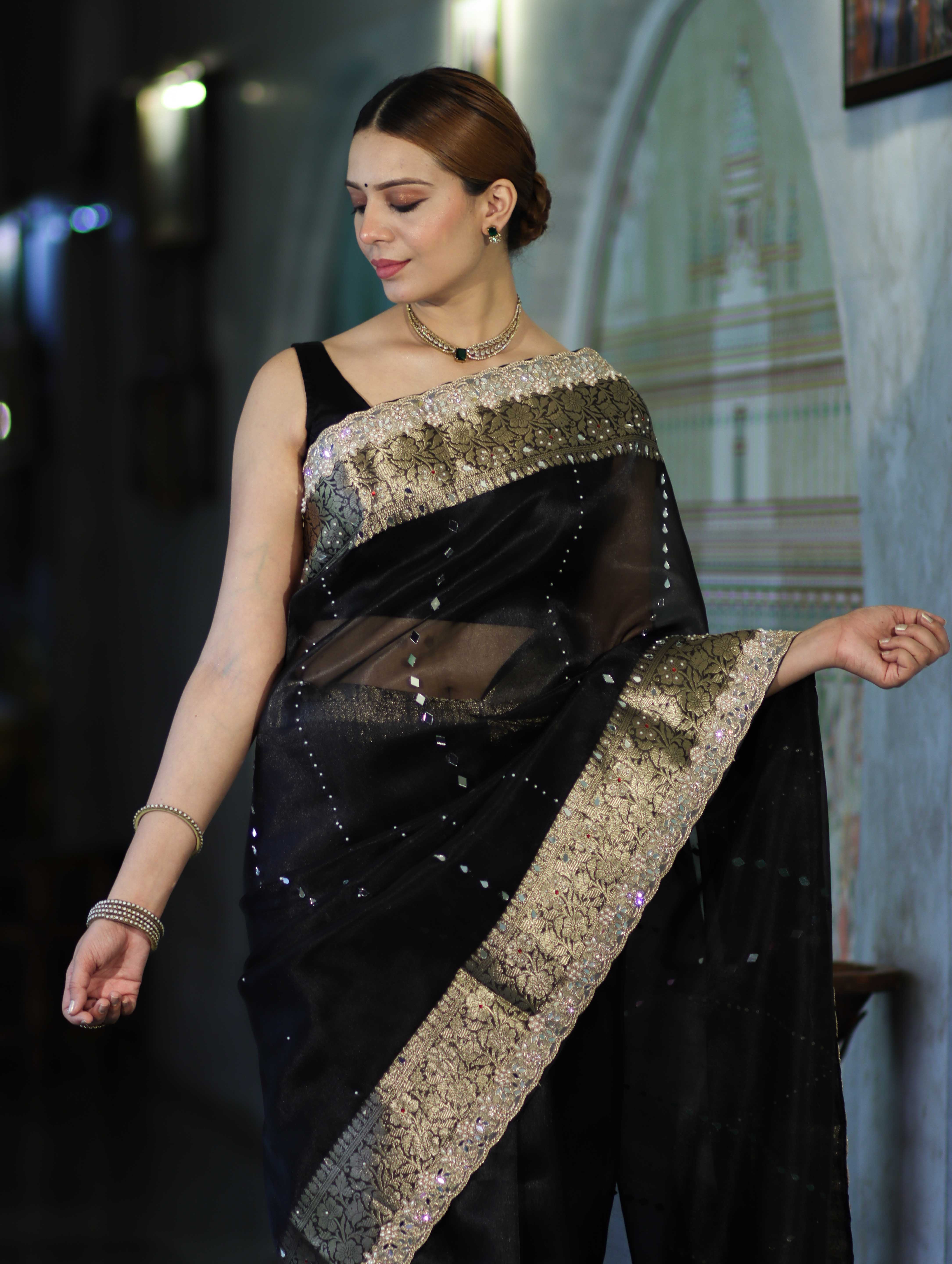 Banarasee Organza Hand Embroidered Mirror Work Saree-Black