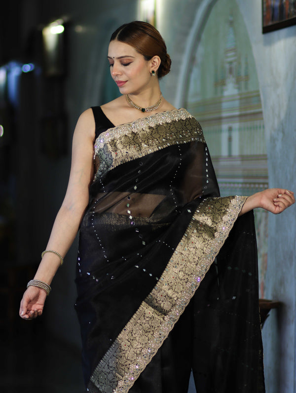 Banarasee Organza Hand Embroidered Mirror Work Saree-Black