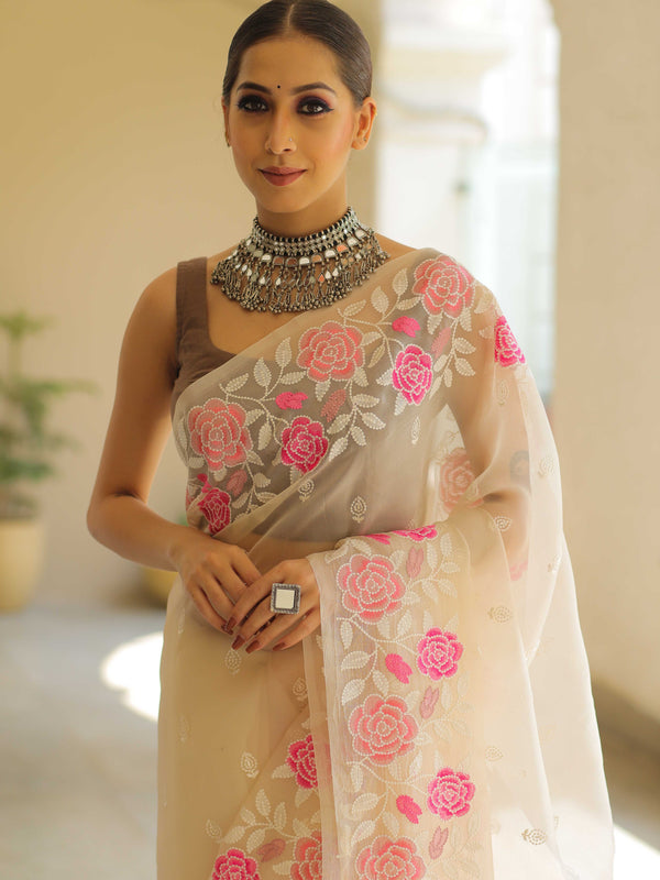 Banarasee Pure Organza Silk Saree With Floral Resham Embroidery-Off-white