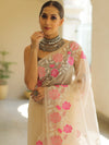 Banarasee Pure Organza Silk Saree With Floral Resham Embroidery-Off-white