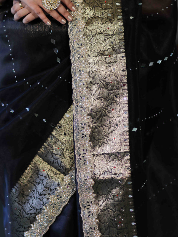 Banarasee Organza Hand Embroidered Mirror Work Saree-Black