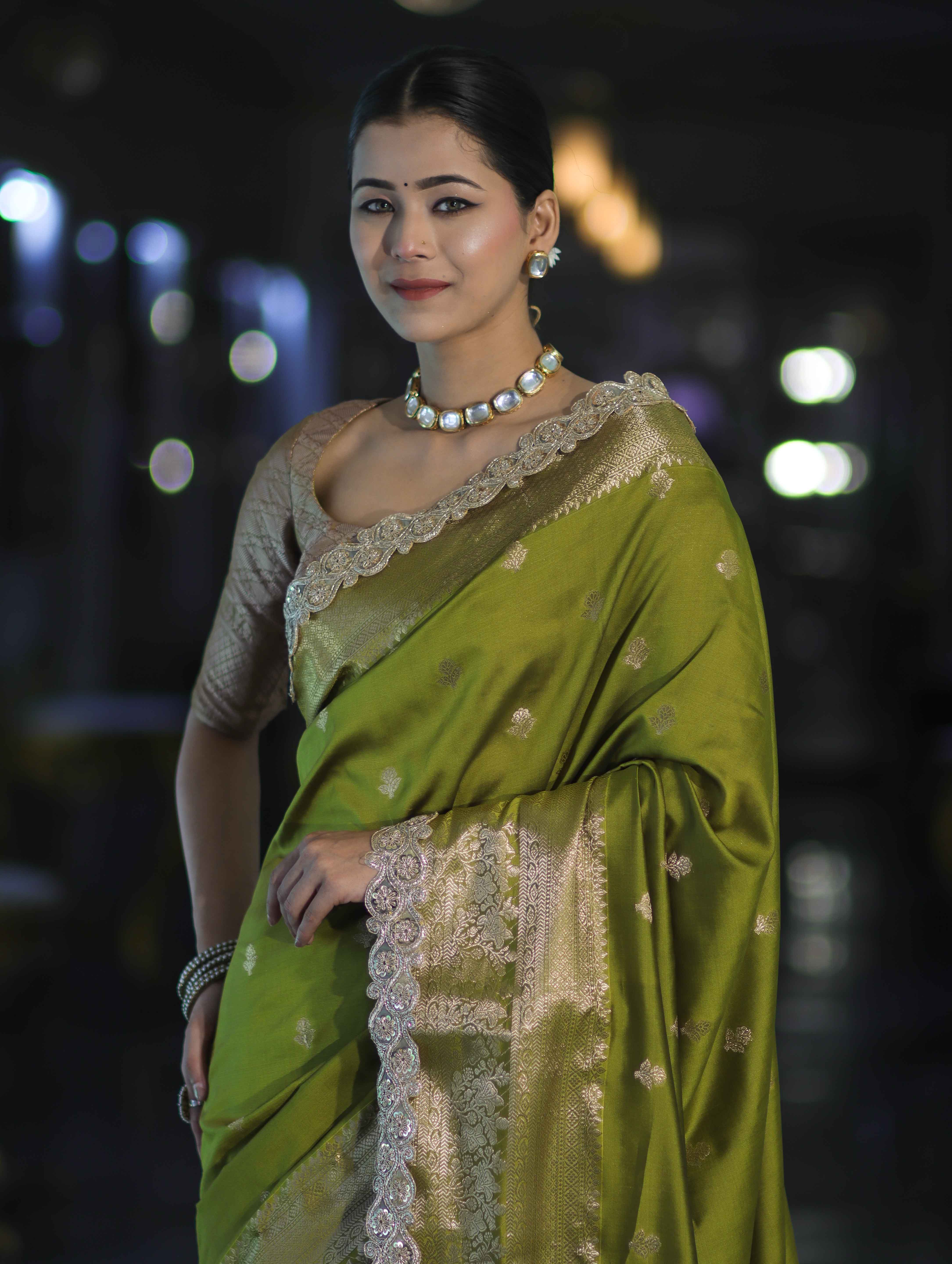 Banarasee Handloom Semi Silk Saree With Zari Buti Design & Lace Border-Lime Green