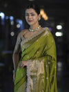 Banarasee Handloom Semi Silk Saree With Zari Buti Design & Lace Border-Lime Green