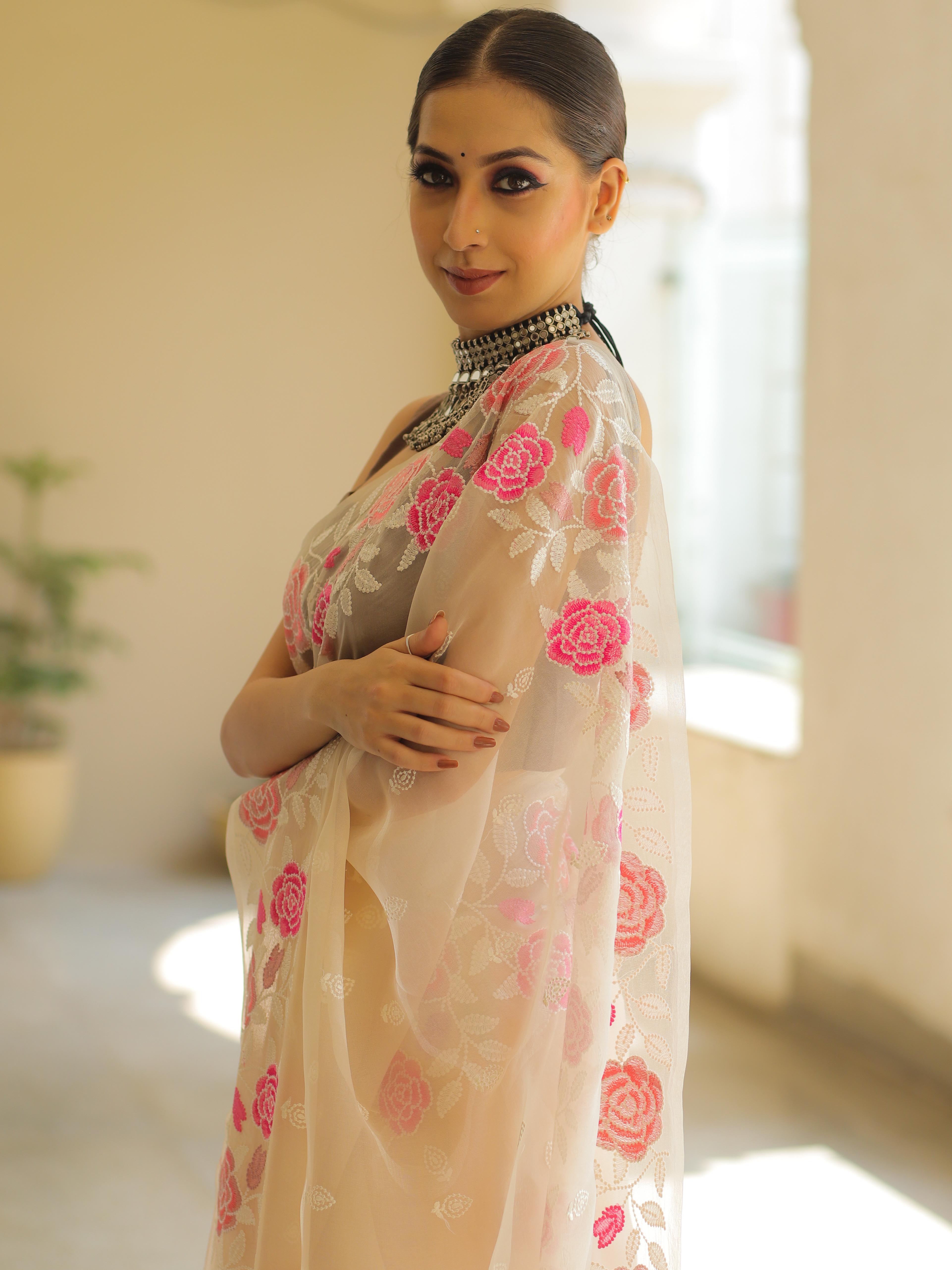 Banarasee Pure Organza Silk Saree With Floral Resham Embroidery-Off-white