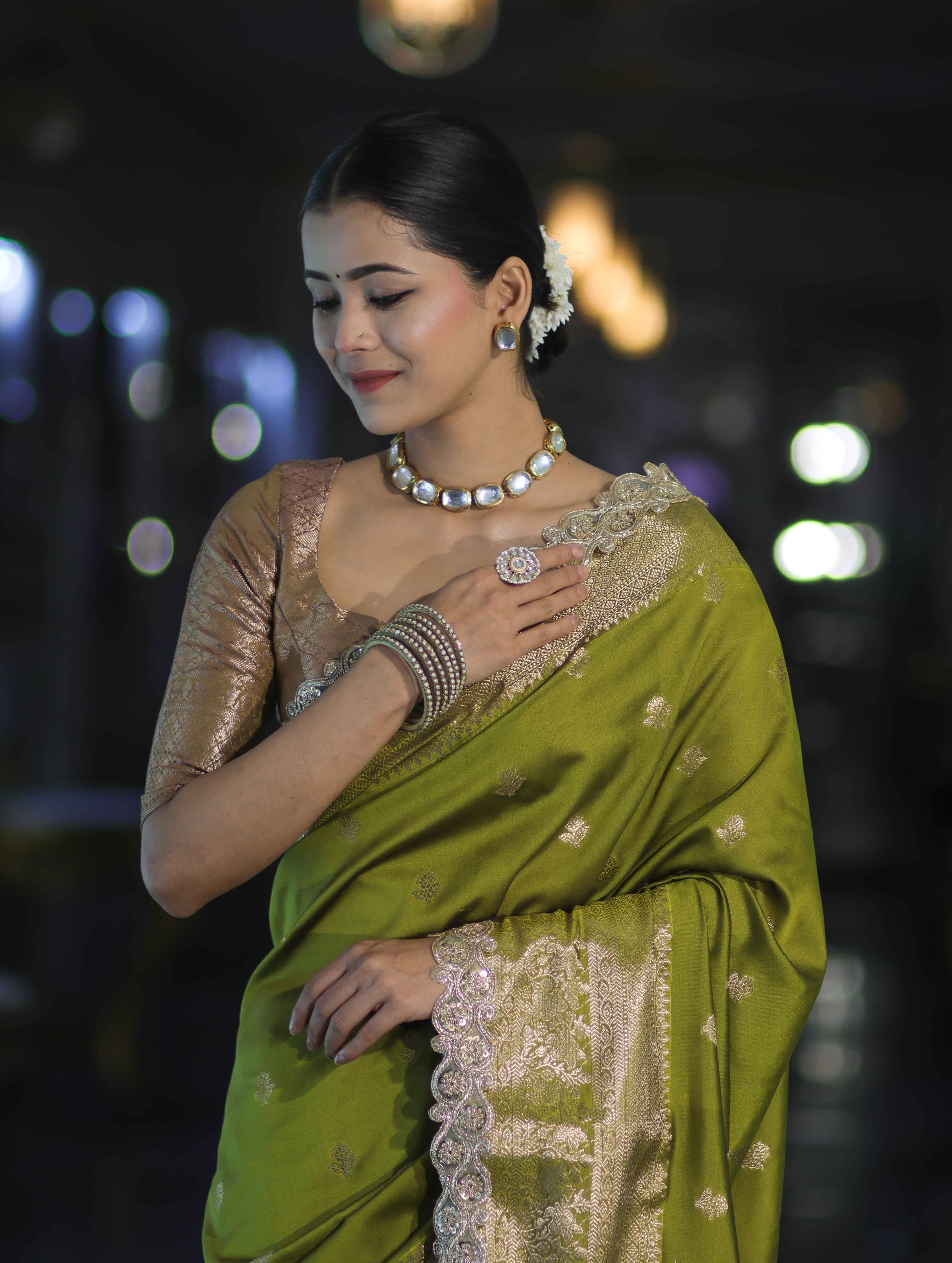 Banarasee Handloom Semi Silk Saree With Zari Buti Design & Lace Border-Lime Green