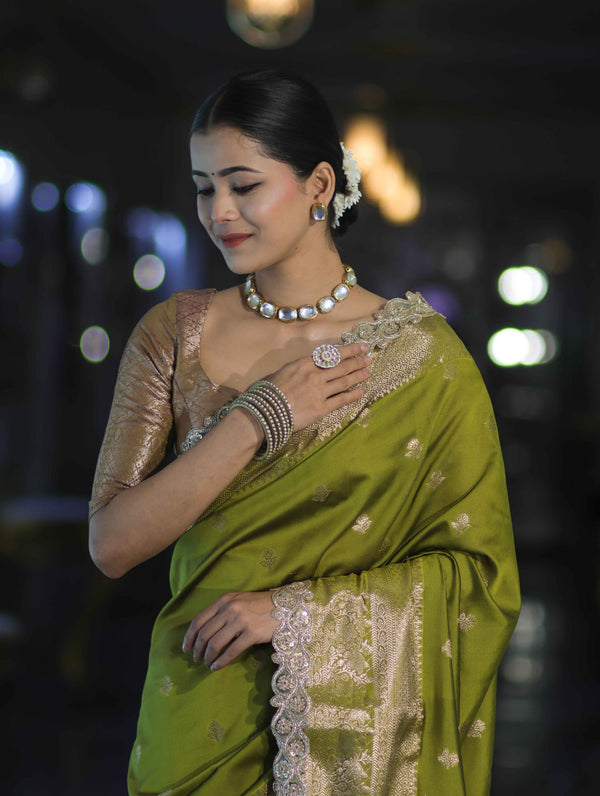 Banarasee Handloom Semi Silk Saree With Zari Buti Design & Lace Border-Lime Green
