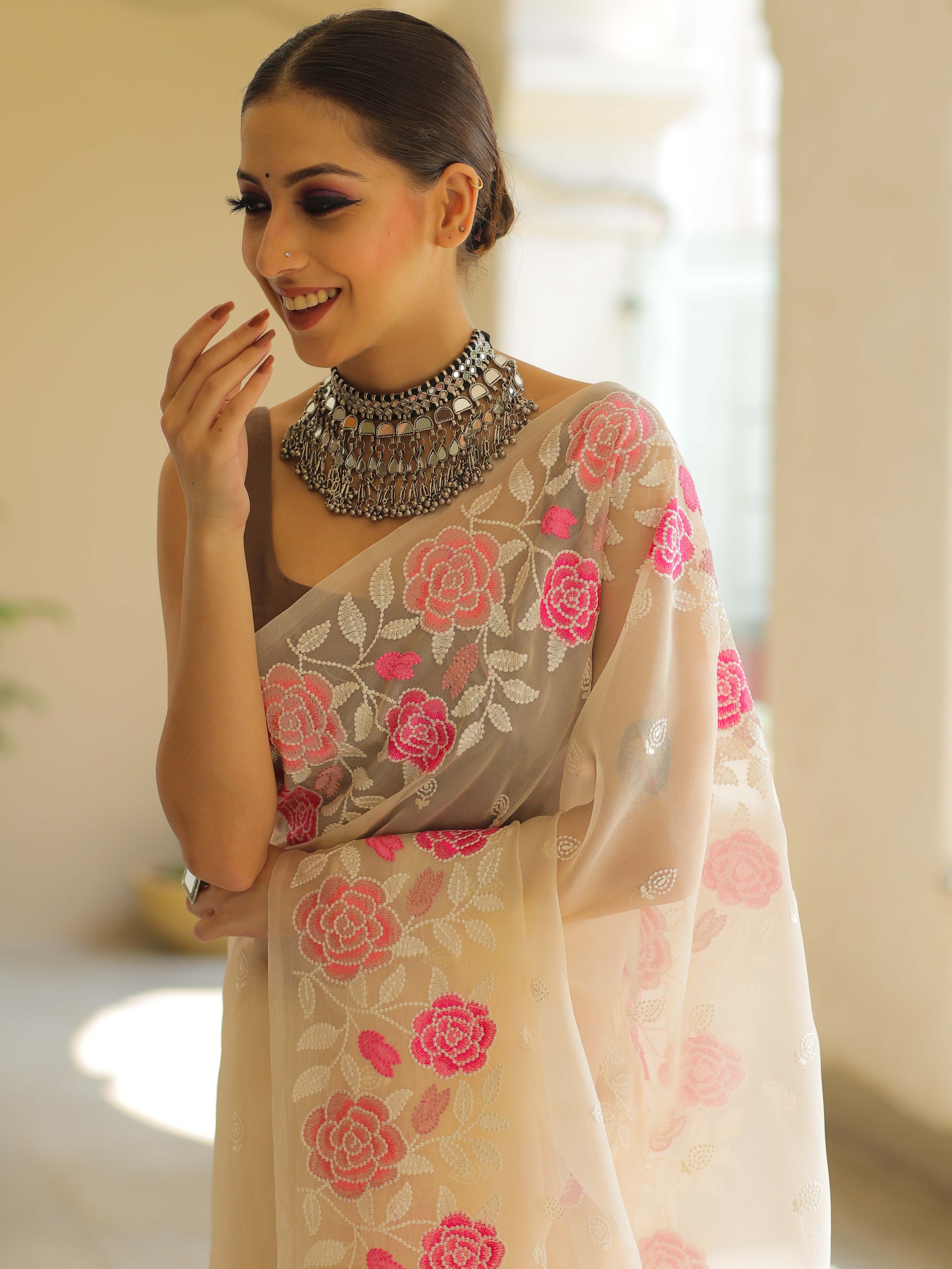 Banarasee Pure Organza Silk Saree With Floral Resham Embroidery-Off-white