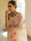 Banarasee Pure Organza Silk Saree With Floral Resham Embroidery-Off-white