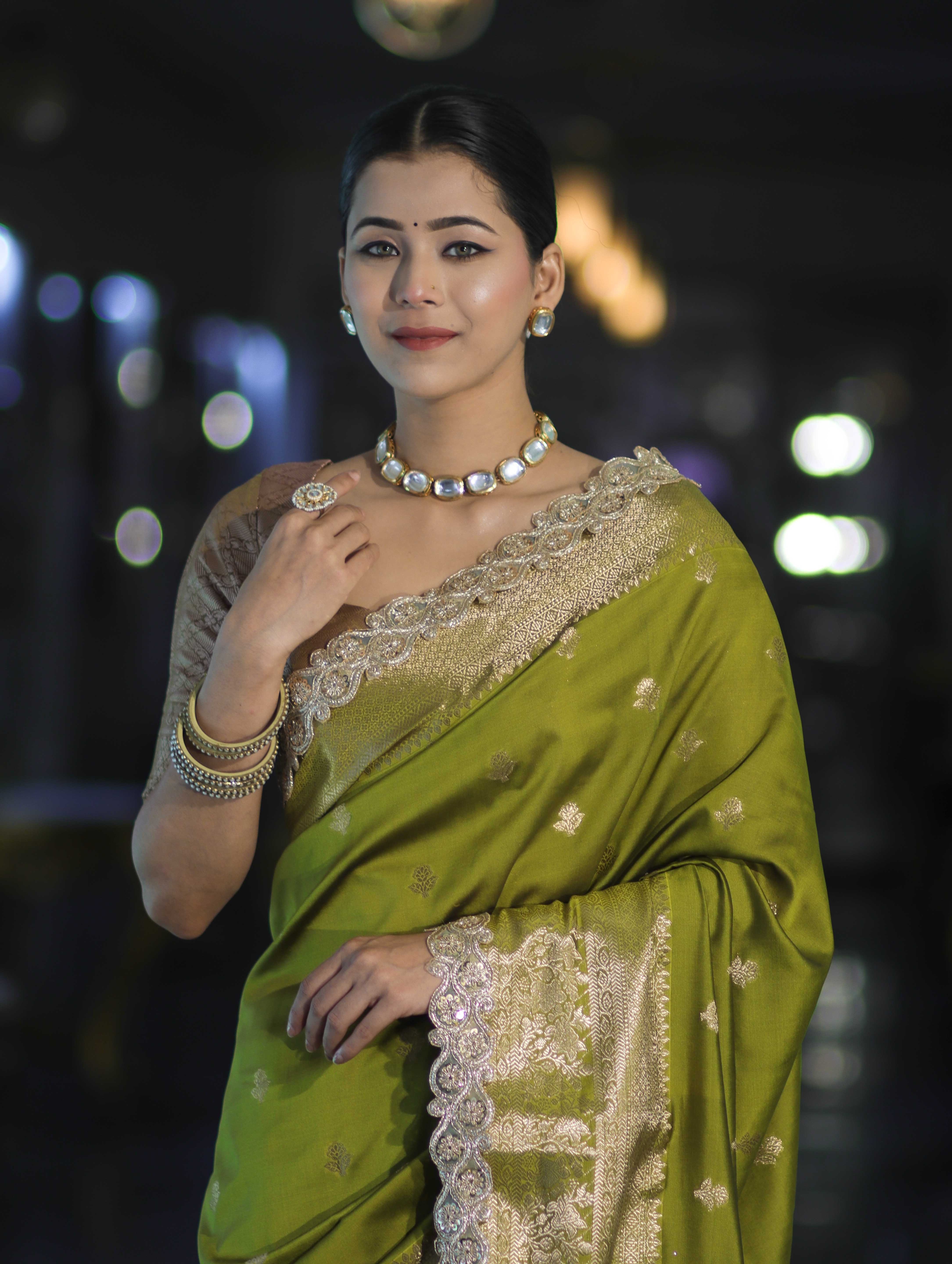 Banarasee Handloom Semi Silk Saree With Zari Buti Design & Lace Border-Lime Green