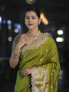 Banarasee Handloom Semi Silk Saree With Zari Buti Design & Lace Border-Lime Green