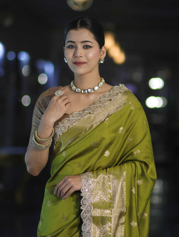 Banarasee Handloom Semi Silk Saree With Zari Buti Design & Lace Border-Lime Green