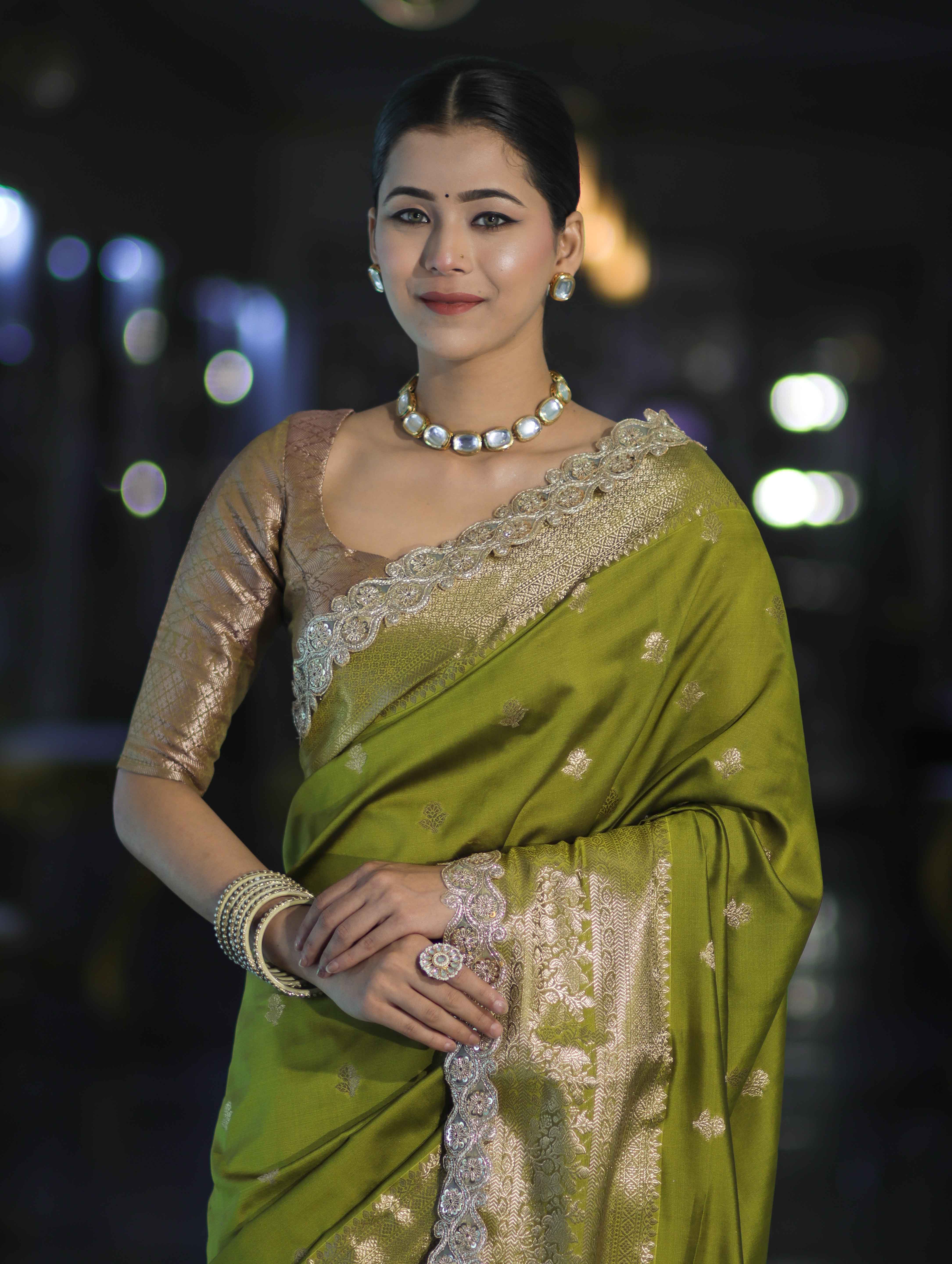 Banarasee Handloom Semi Silk Saree With Zari Buti Design & Lace Border-Lime Green