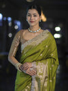 Banarasee Handloom Semi Silk Saree With Zari Buti Design & Lace Border-Lime Green