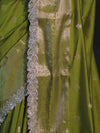 Banarasee Handloom Semi Silk Saree With Zari Buti Design & Lace Border-Lime Green