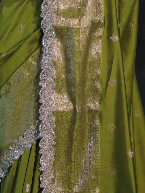 Banarasee Handloom Semi Silk Saree With Zari Buti Design & Lace Border-Lime Green