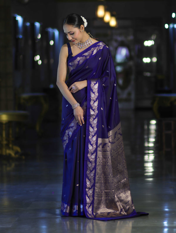 Banarasee Handloom Semi Silk Saree With Sona Rupa Zari Buti Design & Floral Border-Violet