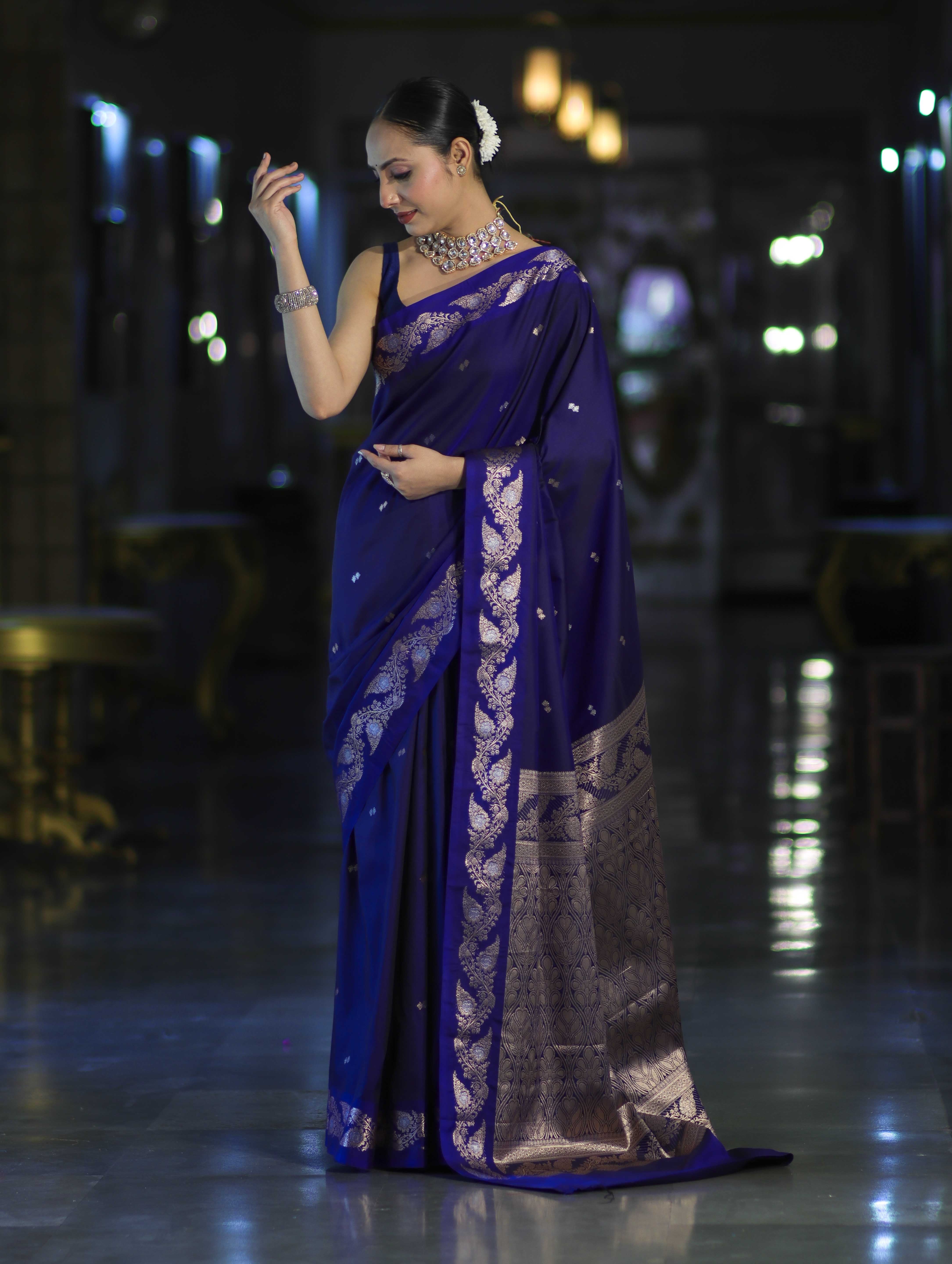 Banarasee Handloom Semi Silk Saree With Sona Rupa Zari Buti Design & Floral Border-Violet