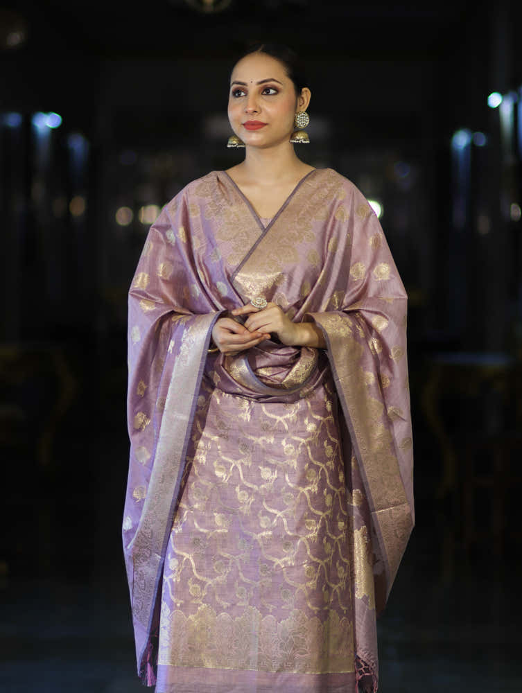 Banarasee Cotton Silk Zari Work Salwar Kameez Fabric With Dupatta Set-Mauve