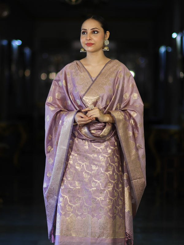 Banarasee Cotton Silk Zari Work Salwar Kameez Fabric With Dupatta Set-Mauve