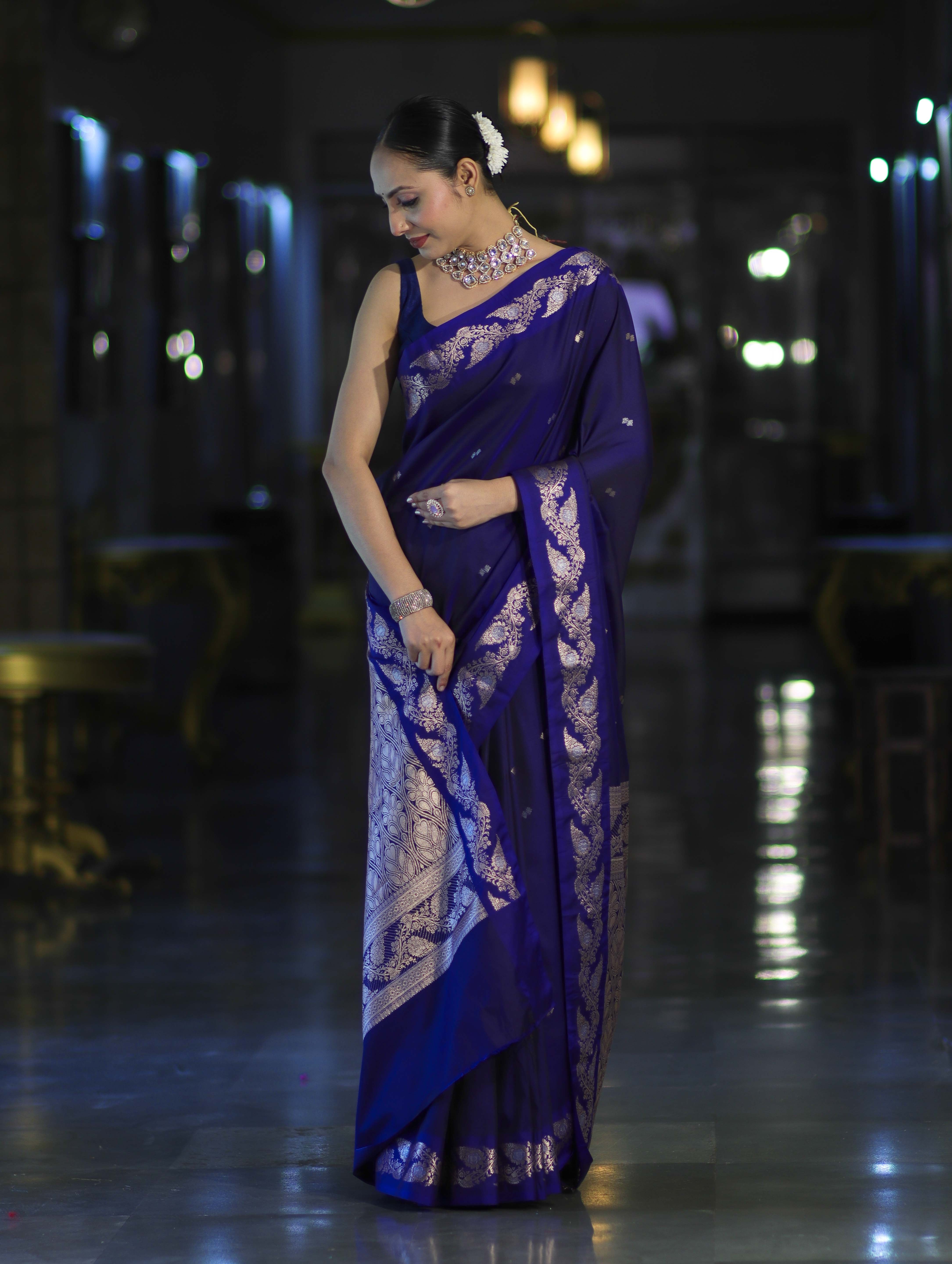 Banarasee Handloom Semi Silk Saree With Sona Rupa Zari Buti Design & Floral Border-Violet