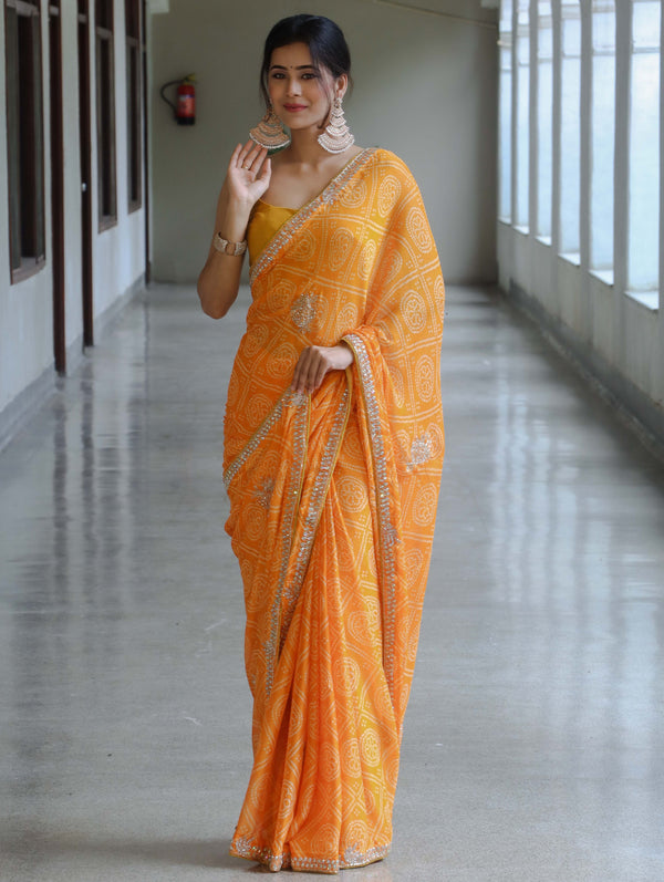 Banarasee Chinon Bandhani Print Saree With Katdana Border-Yellow