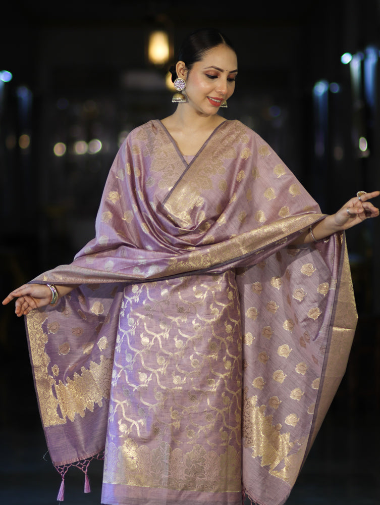 Banarasee Cotton Silk Zari Work Salwar Kameez Fabric With Dupatta Set-Mauve