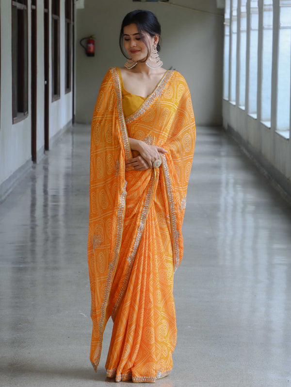 Banarasee Chinon Bandhani Print Saree With Katdana Border-Yellow