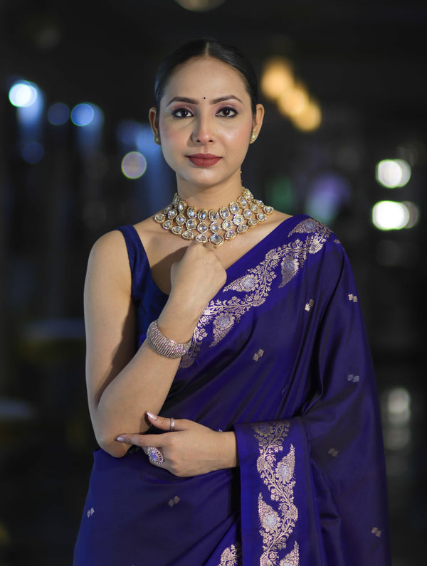 Banarasee Handloom Semi Silk Saree With Sona Rupa Zari Buti Design & Floral Border-Violet