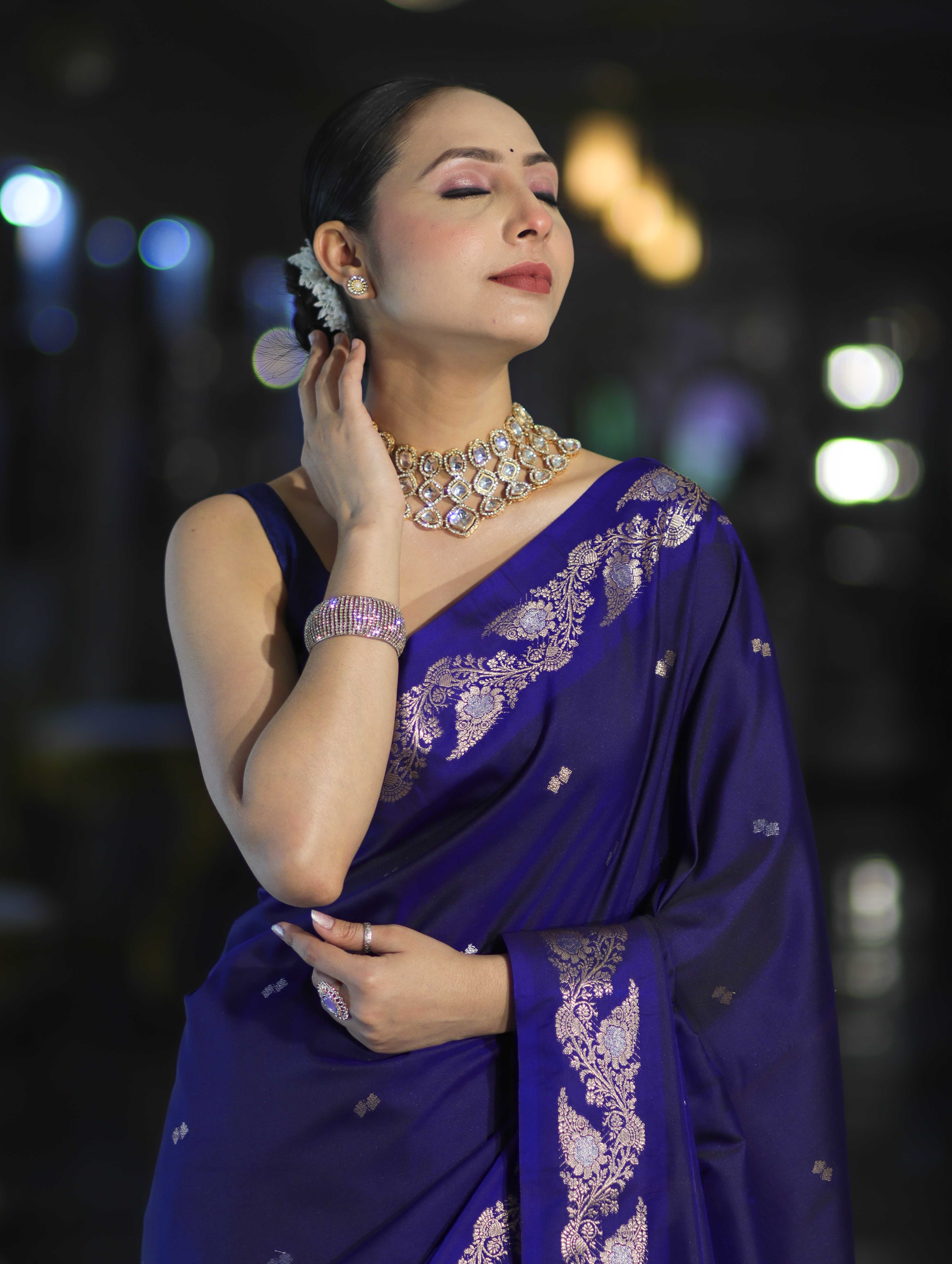 Banarasee Handloom Semi Silk Saree With Sona Rupa Zari Buti Design & Floral Border-Violet