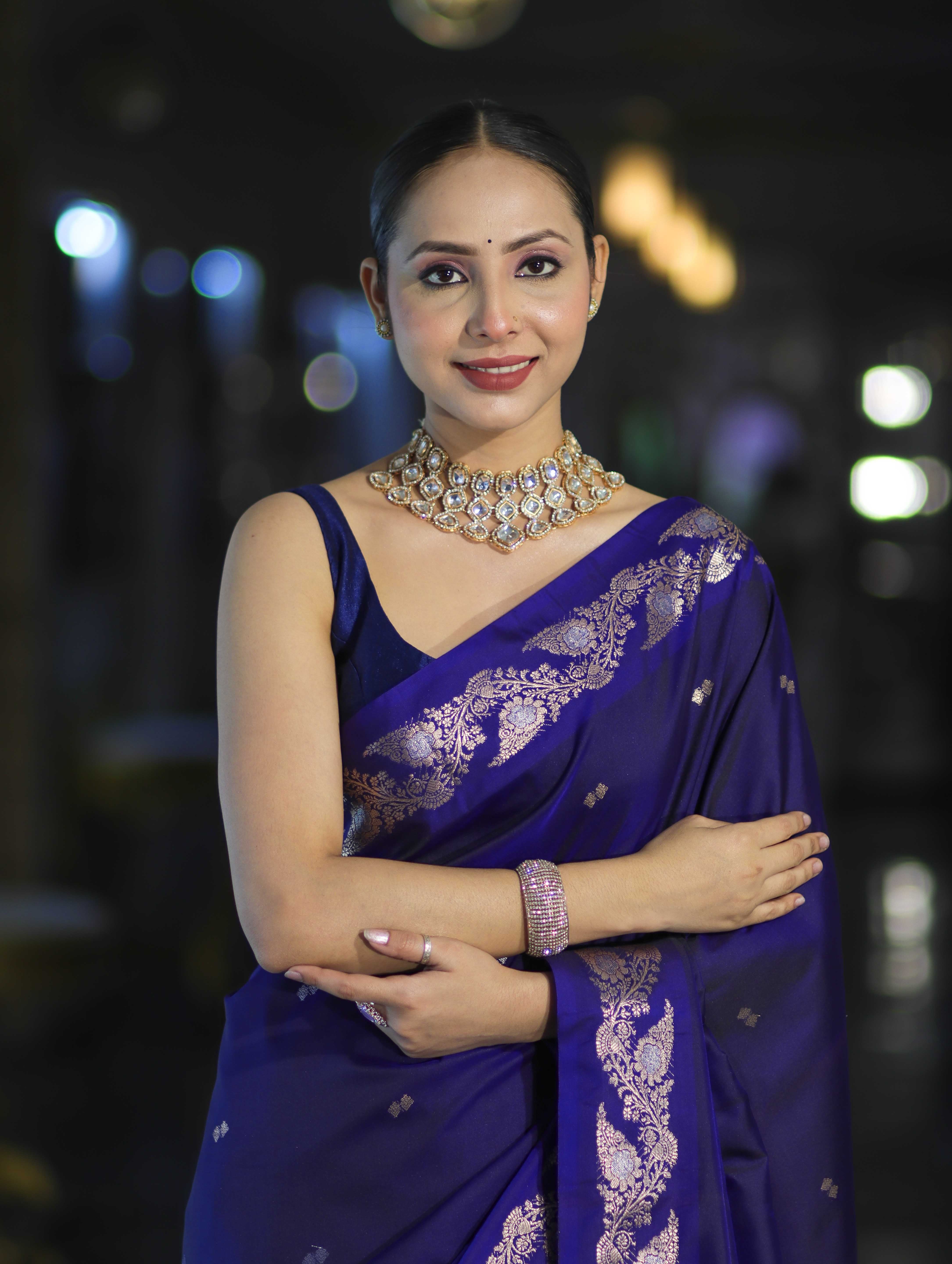 Banarasee Handloom Semi Silk Saree With Sona Rupa Zari Buti Design & Floral Border-Violet