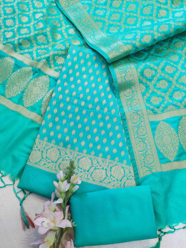 Banarasee Semi-Silk Zari Buti Work Salwar Kameez Fabric With Dupatta Set-Green