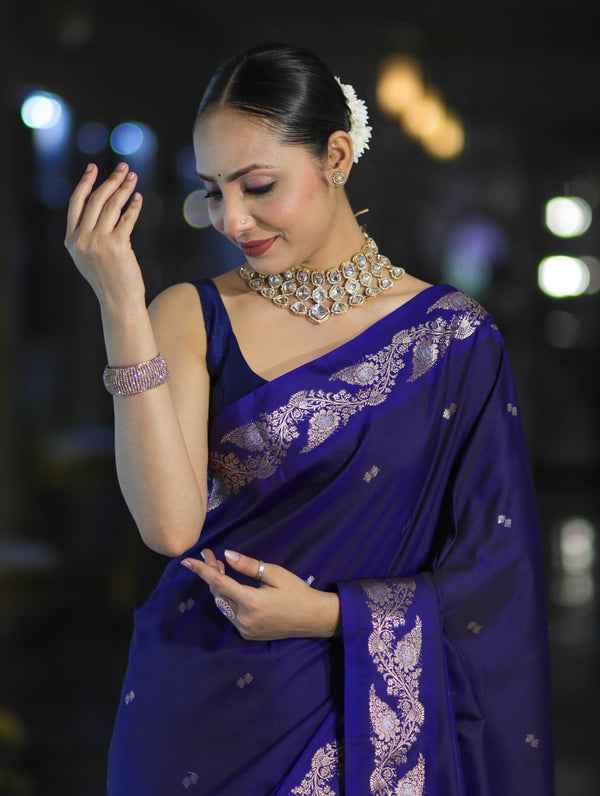 Banarasee Handloom Semi Silk Saree With Sona Rupa Zari Buti Design & Floral Border-Violet
