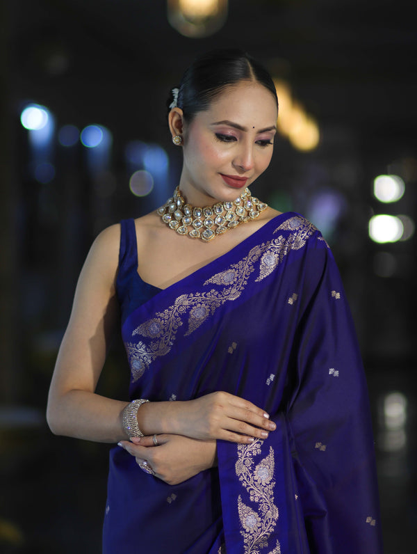Banarasee Handloom Semi Silk Saree With Sona Rupa Zari Buti Design & Floral Border-Violet