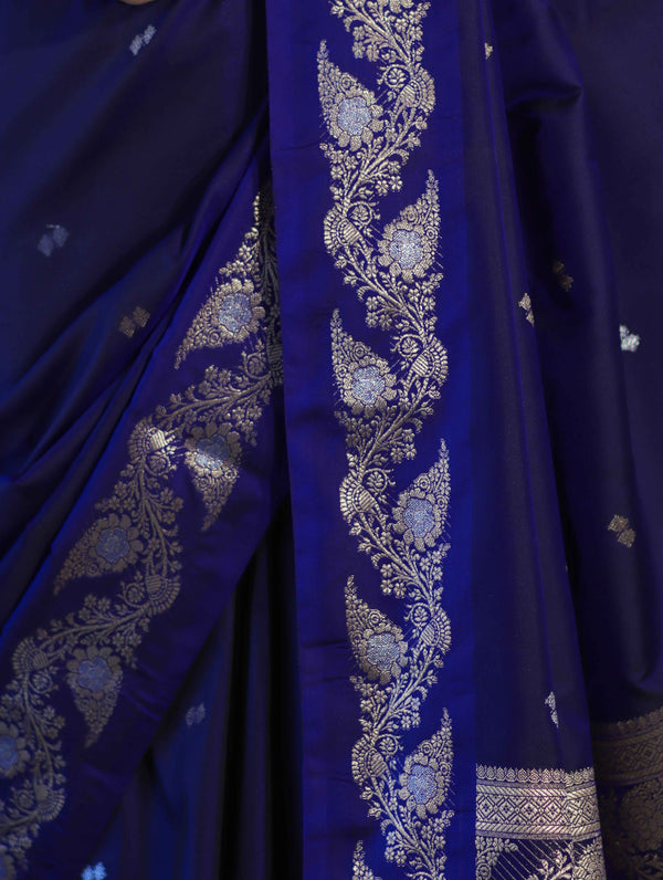 Banarasee Handloom Semi Silk Saree With Sona Rupa Zari Buti Design & Floral Border-Violet