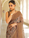 Banarasee Handloom Chanderi Digital Print Saree With Antique Zari Design-Brown