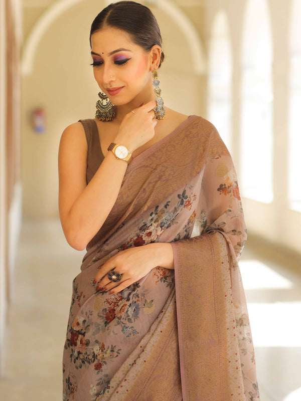 Banarasee Handloom Chanderi Digital Print Saree With Antique Zari Design-Brown