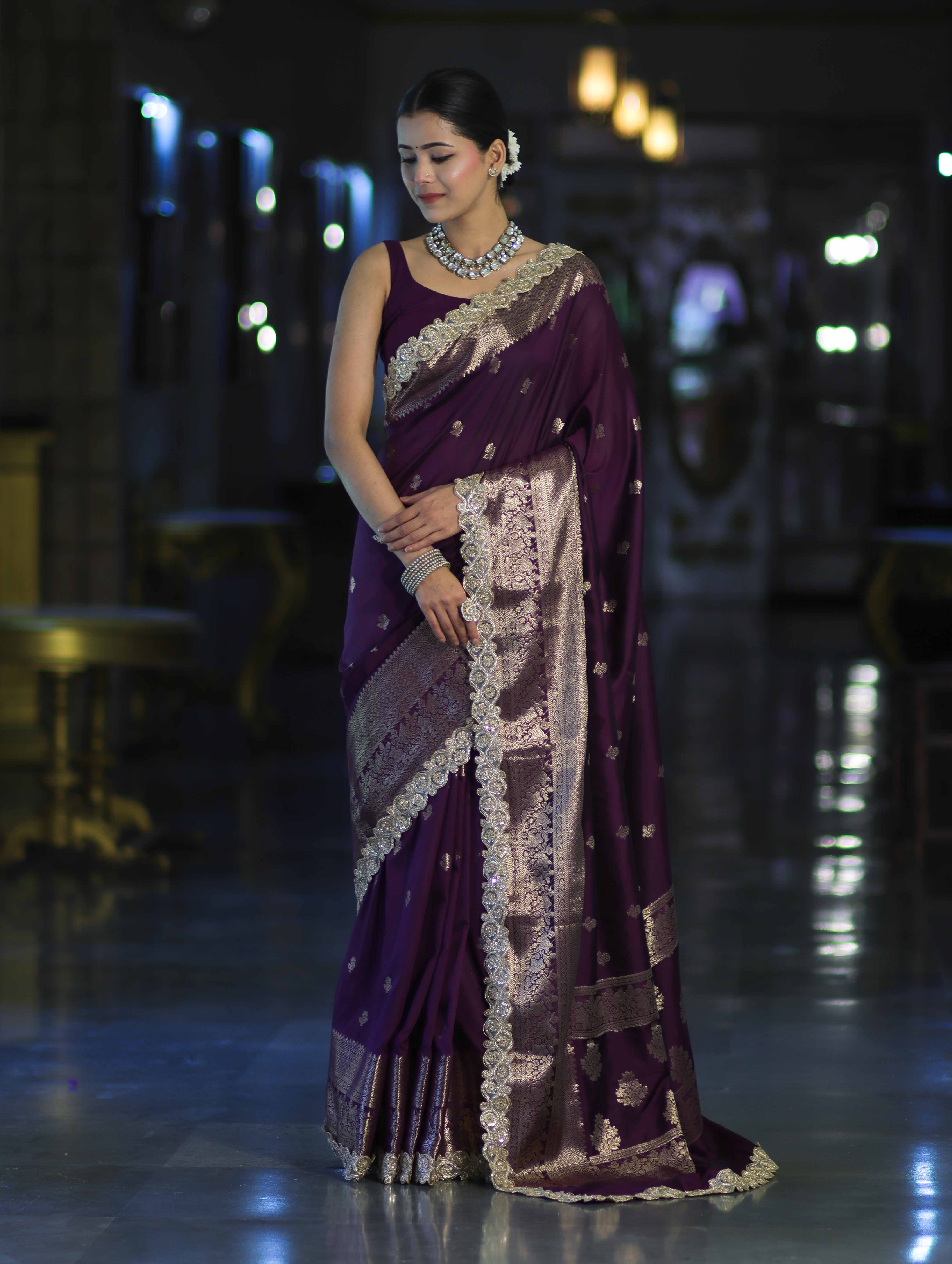 Banarasee Handloom Semi Silk Saree With Zari Buti Design & Lace Border-Purple