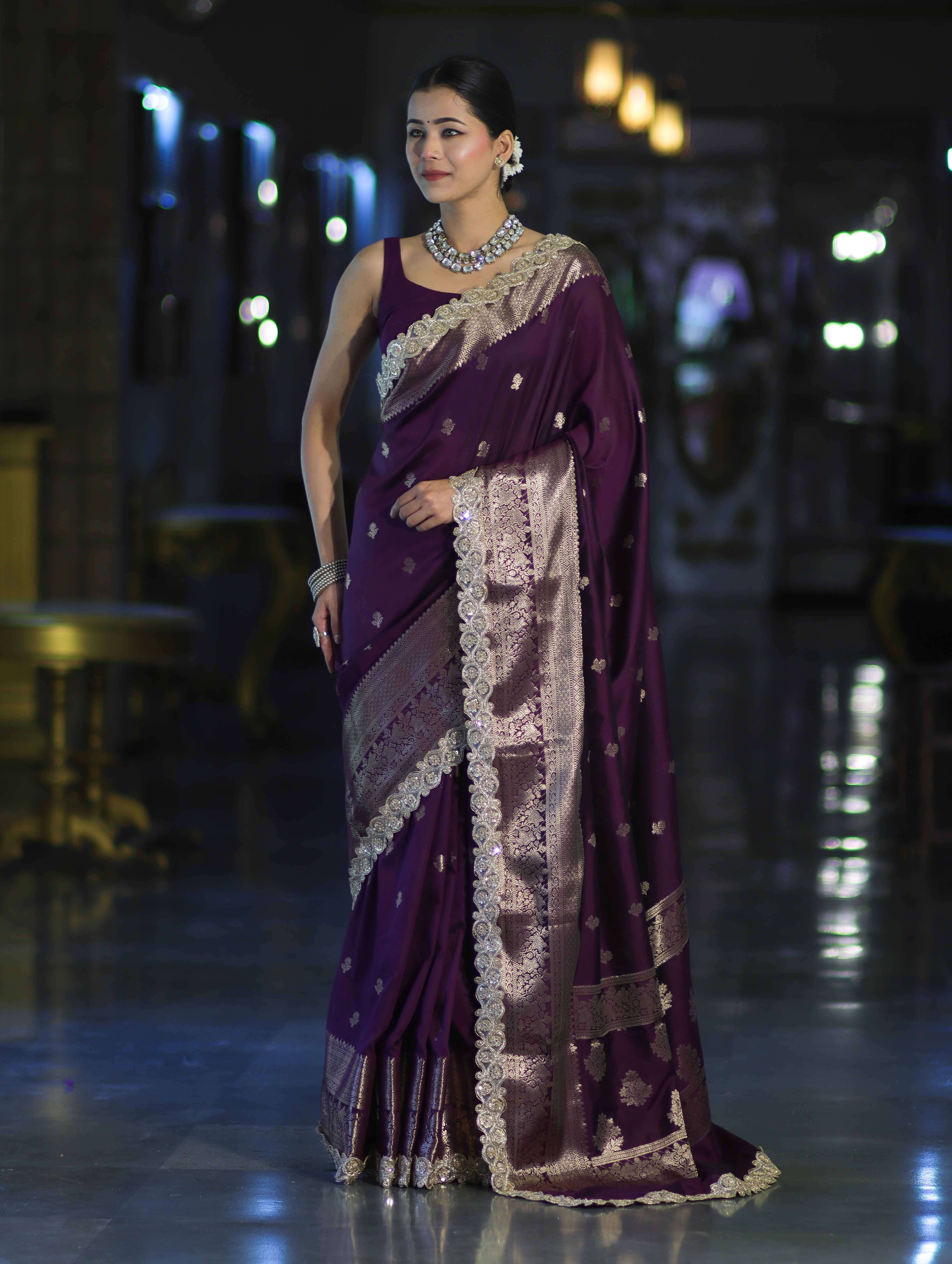 Banarasee Handloom Semi Silk Saree With Zari Buti Design & Lace Border-Purple