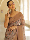 Banarasee Handloom Chanderi Digital Print Saree With Antique Zari Design-Brown