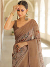 Banarasee Handloom Chanderi Digital Print Saree With Antique Zari Design-Brown
