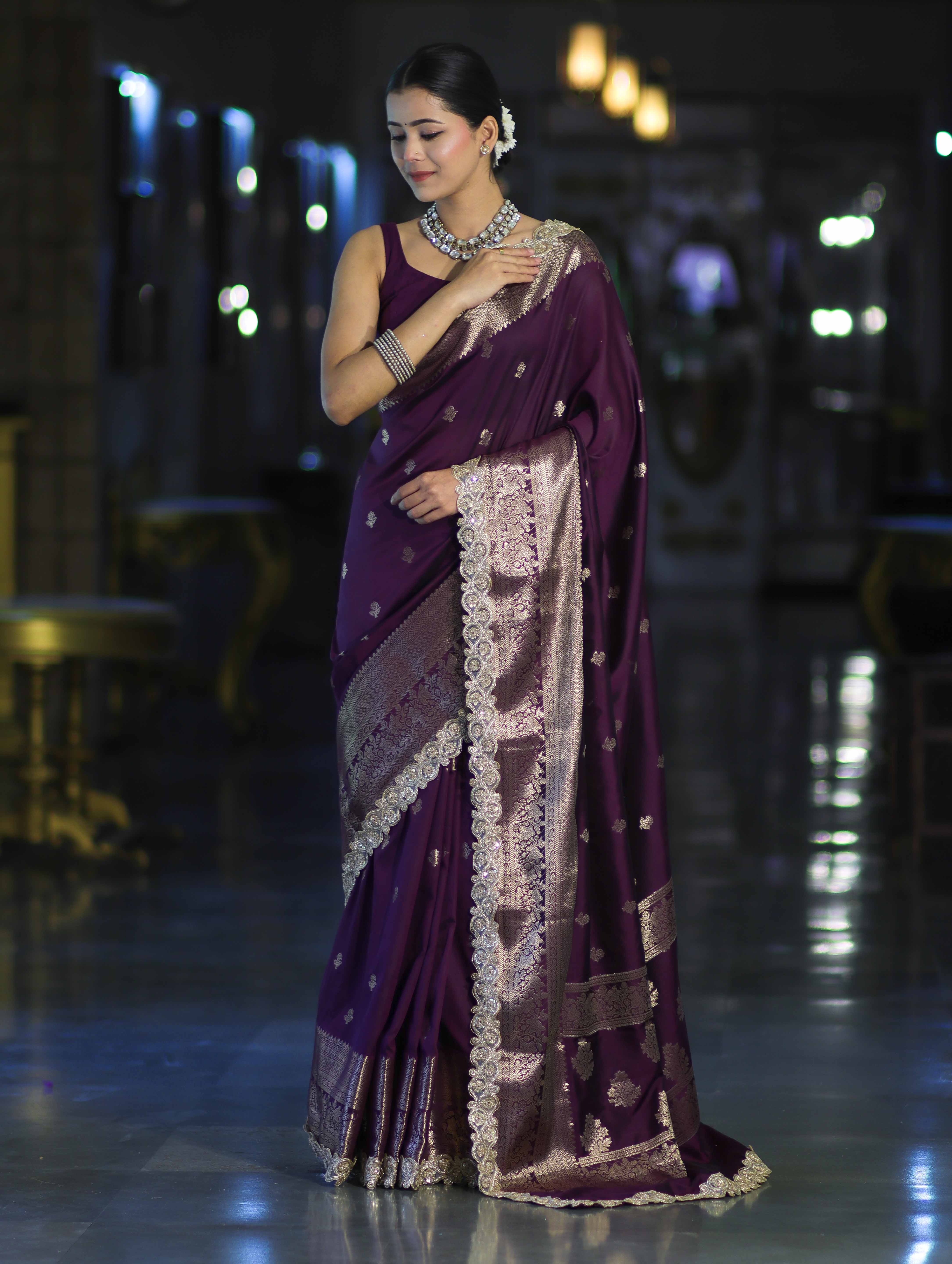 Banarasee Handloom Semi Silk Saree With Zari Buti Design & Lace Border-Purple